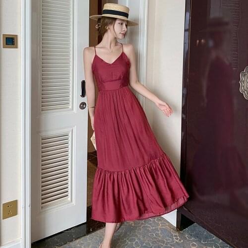 New ! Women Long Burgundy Satin Slip Dress Summer 2021 Runway Elegant Backless Korean Fairy Beach Vacation Party Night Dresses