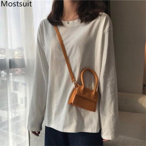 Solid Loose O-neck T Shirt Tops Women Full Sleeve Fashion Korean Basic Pullover Tees T-shirts Femme 2021