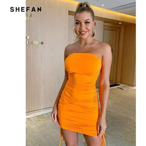 Orange Solid Print Drawstring Mini Dress Women Clothing Backelss Sexy Party Club Vestidos 2021 Summer Ruched Bodycon Dresses