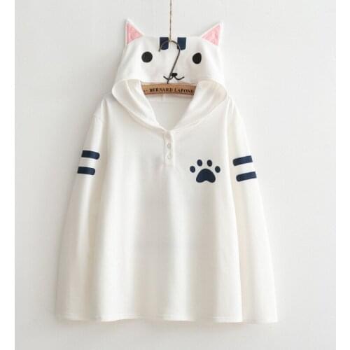 New Autumn Women Pullover Cat Paw Print Mori girls Hoodies Cat Hood Cute Teens Young girl Students Outwear White Grey Tops