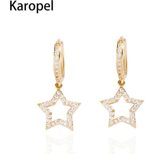 Karopel Classic Gold Color Star Hoop Earrings Luxury Micro Colorful Cz Crystal Gold Star Earrings for Women Korean Jewelry