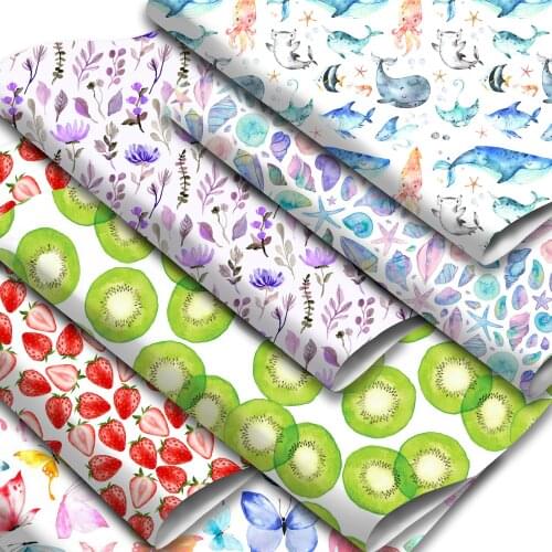 Lychee Textured Faux Leather Sheets Fruits Floral Cactus Printed Synthetic Leather Fabric Roll 50x140cm for DIY Hair Bow Garment