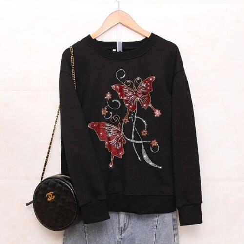 Spring Autumn Fashion Loose Sweatshirts female Creativity butterflies Hot diamonds Pattern Casual O-neck women tops pullovers