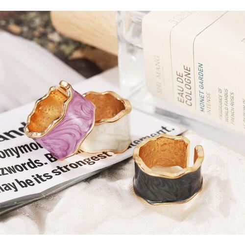 Vintage Geometric Wave Enamel Drip Glaze Rings For Women Korean Handmade Purple Open Ring Jewelry Travel Gifts