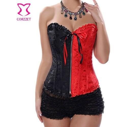 Victorian Jacquard Red And Black Zipper Waist Trainer Lace Up Corset Bustier Top Sexy Korsett For Women Gothic Clothing