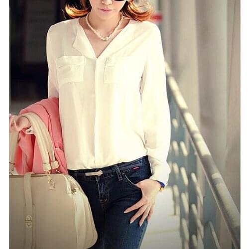 High Quality New Casual White Chiffon Women Blouse Ladies Solid Elegant V-neck Blouses Long Sleeve OL Office Shirt