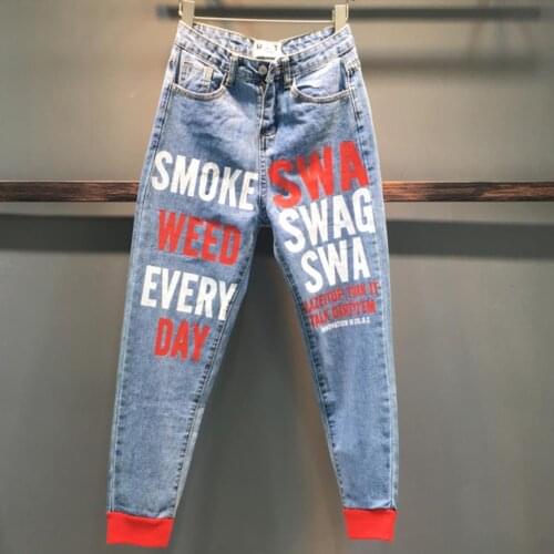 2020 Spring new fashion spray paint letters printing high waist loose feet harem jeans women