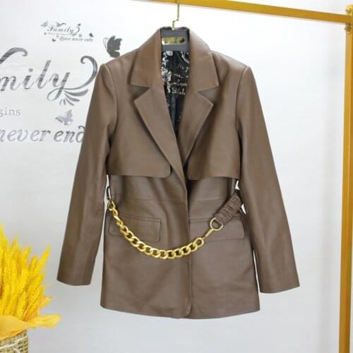 Spring Autumn Fashion Womens High Quality metal Chain Genuine Leather blazers jackets B486