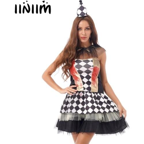 Women Clown Role Play Costume Halloween Dresses Outfit Strapless Plaid Layered Dress with Mesh Neckwear Lace Gloves Headwear
