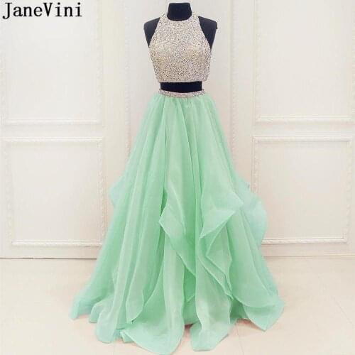JaneVini Robe Chic Mint Green Beaded Prom Dresses Long 2021 Two Piece Ruffles Organza Crystal Graduation Banquet Party Gowns