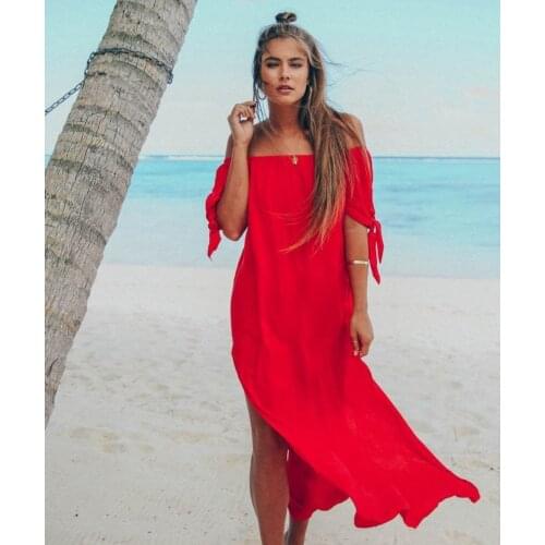 2020 New Fashion Dress Sexy Word Shoulder Irregular Split Big Swing Dress Red Yellow Black
