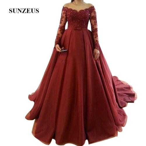 Sheer Tulle Neck Long Sleeves Evening Dresses For Women Sequins Beaded Appliques Burgundy Formal Gowns Ball Gown Long Party Wear