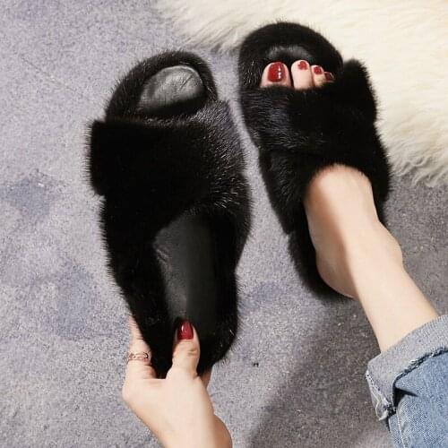100% Natural Mink Slippers High Quality Fur Slippers Womens Fur Flat Slippers