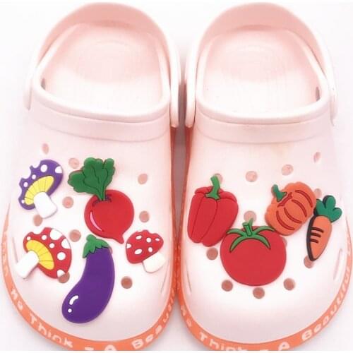 Wholesale 50PCS Mushroom Vegetables Grape Carrot Shoe Accessories PVC Shoe Charms fit bands Backpack Bags Kids Gift