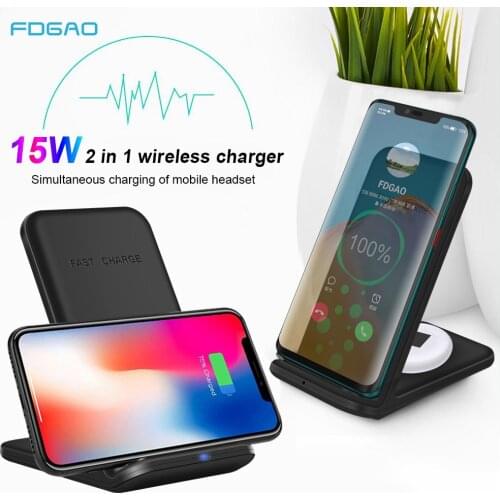 15W 2 in 1 Wireless Charger Stand for iPhone 12 11 XS XR 8 AirPods Pro Charge Dock Station Qi Fast Charging For Samsung S20 S10