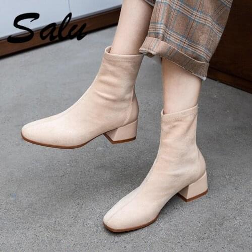 Salu Autumn Winter New Elegant Winter Warm Leather Women Ankle Boots Fashion Square Heels Basic Chelsea Boots Shoes Woman