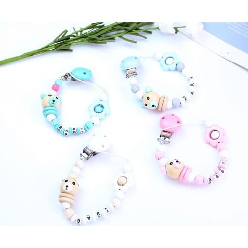 Pacifier Clip Chain Baby Infant Soothie Care Accessories Bear Wooden Beads Prevent drop down Paci Holder Clips Teether Toy 1007