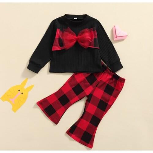 2 Pieces Kids Suit Set Bowknot Long Sleeve Tops Plaid Flared Trousers for Spring Fall Childrens Clothing 18 Months-6 Years