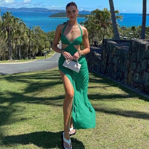 DSMTRC 2021 New Elegant Outfits for Women Braidsmaids Birthday Photoshoot Dress Solid Sexy Open Back Halter Split Maxi Dress