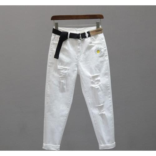 Woman Jeans Pants Ripped White Jeans Womens Autumn High Waist Cropped Baggy Pants Womens Pantalones Vaqueros Mujer