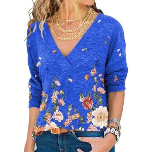 Summer Floral Print Oversized T Shirt Womens Clothes Casual Fashion V Neck Long Sleeve Loose Ladies Tops Vintage Tee Shirt Femme