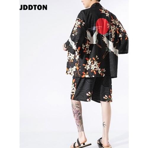 JDDTON New Mens Traditional Japanese Clothing Style Suits Sun Protection Outerwear Fashion Casual Loose Male Two-Piece Set JE443