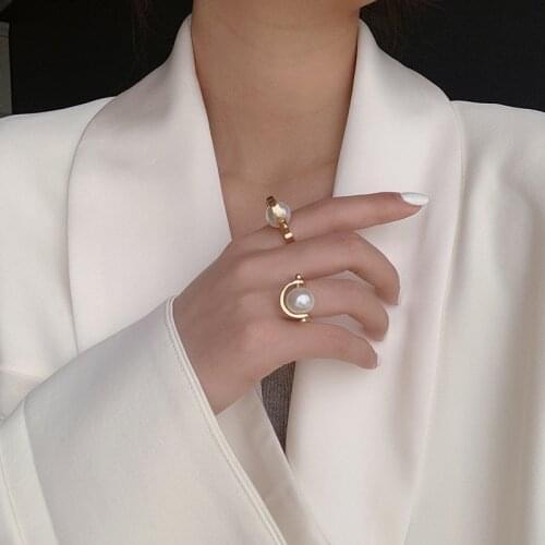 SRCOI Imitation Pearls Geometric Hollow Chic Ring Literature Art Reversible Design Simple Wedding Bridal Finger Ring Female 2020