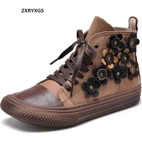 ZXRYXGS 100% Natural Genuine Leather Sneakers Ankle Boots Classic Flowers Womens Vulcanize Shoes Fashion Boots Flat Tide Shoes