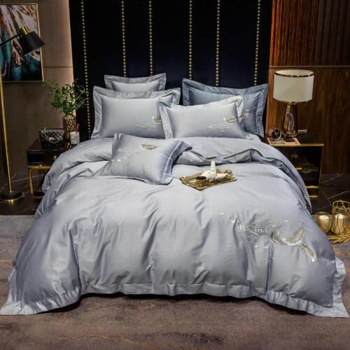 Light explosion models simple luxury cotton bed linen denim duvet cover 4pcs solid color embroidery cotton home bedding