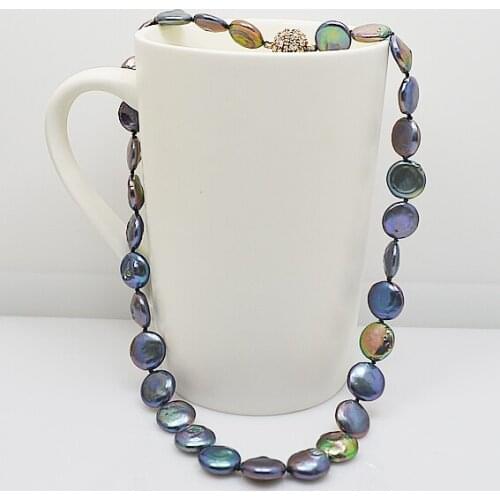 Black Color Coin Pearl Necklace Round Rhinestone Magnet Clasp Charming Women Mothers Day Birthday Party Gift Jewelry