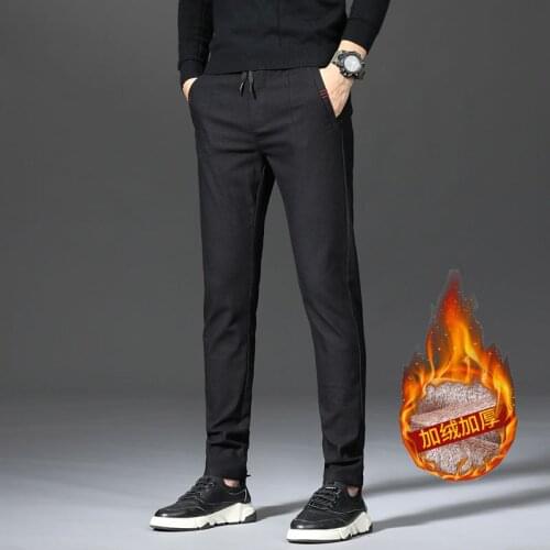 Mens Winter Fleece Fluff Thicken Warm Casual Pants Men Business Straight Elastic Thick Khaki Cotton Trousers Male