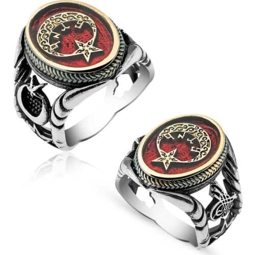 Tevuli 925 Sterling Silver Göktürkçe Turkish Written Moon Star Men 'S Ring