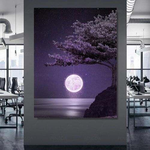 Wall Art Pictures Canvas Purple Moon Posters Cherry Tree Home Decoration Night View Modular Painting HD Printed Framed Bedroom