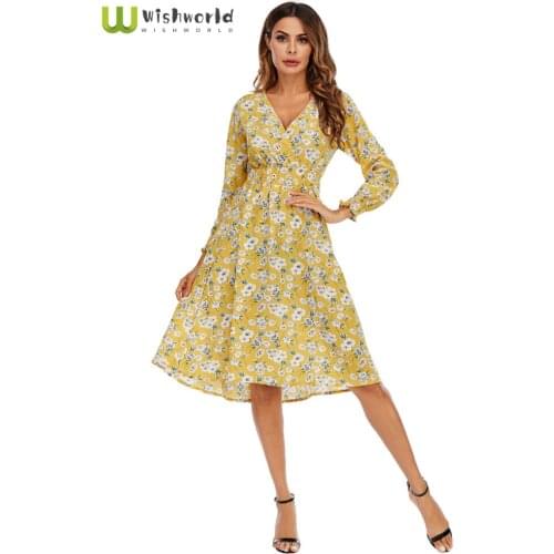 New Chiffon Print V-Neck Waist Long Sleeve Dresses With Large Swing Dovetail Skirt Summer Womens Dress 2021
