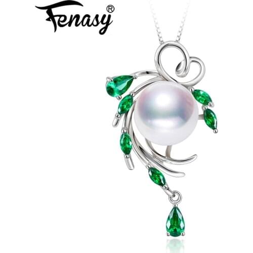 FENASY S925 Sterling Silver Freshwater Pearl Necklace For Women Pearl Jewelry Statement Boho Leaf Emerald Crystal Necklace