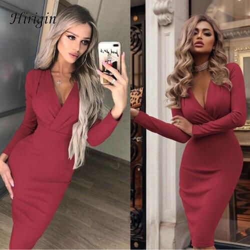 Elegant Fashion Women Sexy Deep V-Neck Bodycon Summer Long Sleeve Dress Popular Party Cocktail Formal Knee-Length Pencil Dress
