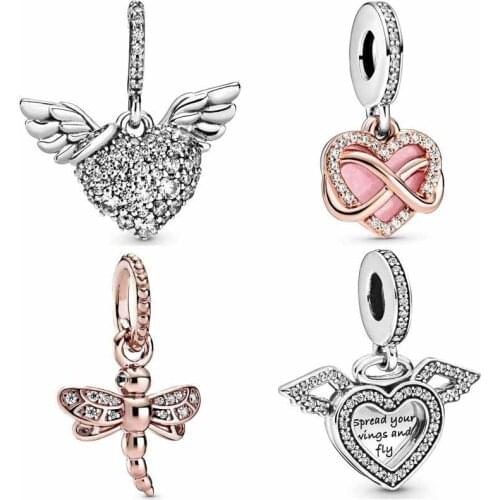 Original Rose Gold Sparkling Dragonfly Heart And Angel Wings Pendant Bead Fit Europe Bracelet 925 Sterling Silver Charm Jewelry