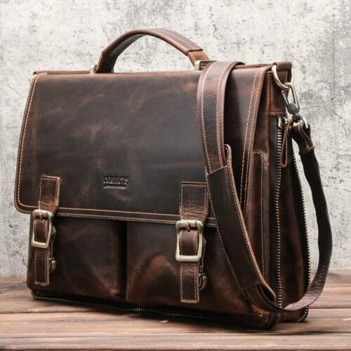 Genuine Leather Mens Briefcase Business Work Bag Leather Large Capacity Laptop Office Bag Travel Messenger Bag Men Shoulder Bag