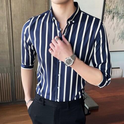 Plus Size 5XL-M Summer Half Sleeve Men Dress Shirts Casual Simple Slim Fit Stretched Striped Blouse Homme Business Formal Wear