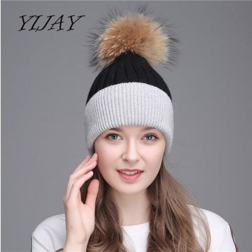 Women winter raccoon wool furpom pom hat female women warm knitted casual double color skullies beanies