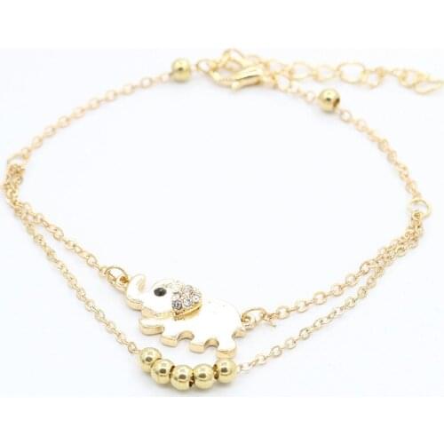 Rhinestone Elephant Anklets Women Gold Color Crystal Double Beads Chain Barefoot Sandals Foot Ankle Bracelet Beach Leg Jewelry