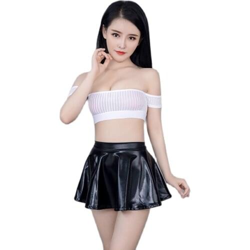 2PCS/Set Cheerleading Uniform Sexy See Through Bustier Crop Tops Faux PU Leather Pleated Skirt Micro Mini Skirts Sundress Jupe