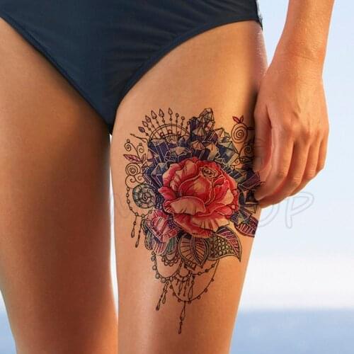 Temporary Tattoo Stickers Rose Sapphire Red Flower Fake Tatto Waterproof Tatoo Back Leg Arm Belly Big Size for Women Men Girl