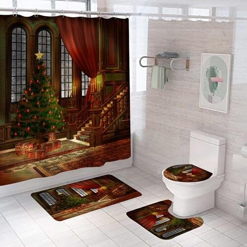 Hall Christmas Tree Bathroom Curtain Set Merry Christmas Shower Curtains and Rug Sets Toilet Cover Bath Mat Non Slip Rugs