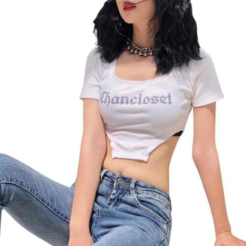 Womens Cropped Short Shirt, Thin Summer Square Neck Bare Navel Pullover Diamonds Letters Partern