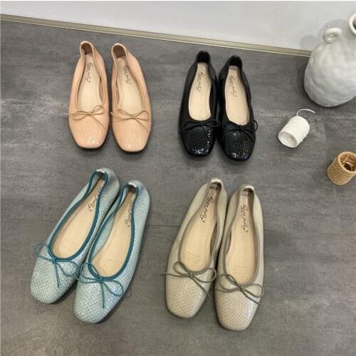 Bow-Knot snake pattern ballet flats female patent leather sneaker shoes women loafers square toe soft soled moccasins femme 2021