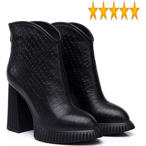 Autumn Embossing Cowhide Genuine Leather Winter Womens Top Pointed Toe Thick Bottom Back Zip Female High Heel Boots