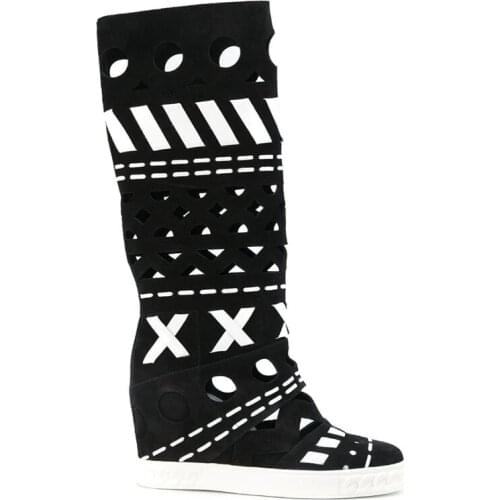 New Perforation Cut out Crossed Patchwork Knee High Boots Height Increasing Women Suede Leather Wedges Heels Slip on Botas