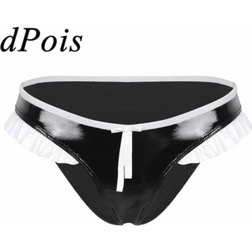 Womens Wet Look Faux Leather Briefs Lingerie Ruffled Brim Bikini Briefs Underwear Sexy Ladies Women Low Rise Panties Underpants