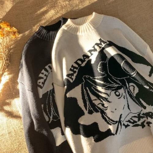 Japanese Letter Women Sweater Cartoon Hip Hop Casual Loose Ulzzang Plus Size Streetwear Knitted Sweater Harajuku Gothic Sweater